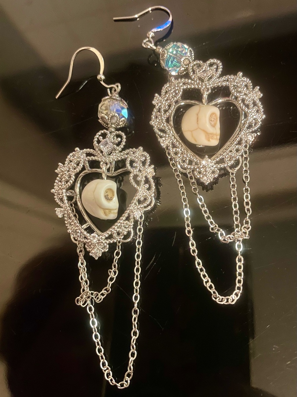 Hand Crafted Silver Heart Filigree Earrings with Ivory Skull Bead